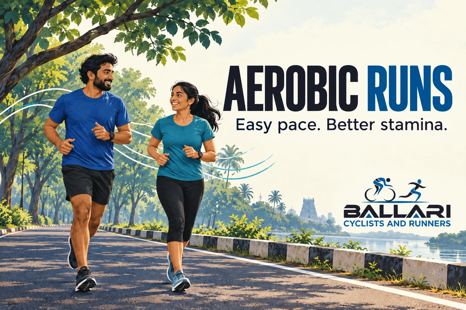 Two runners chatting on an easy run, with the Ballari Cyclists and Runners logo