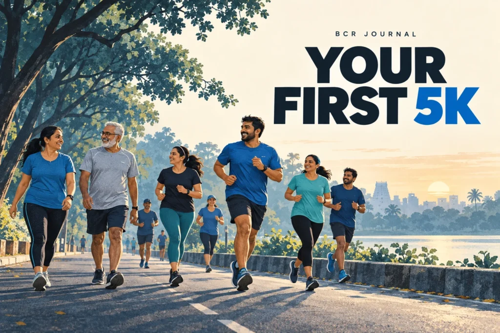Illustrated beginner walkers and runners on a morning road, with the title Your First 5K