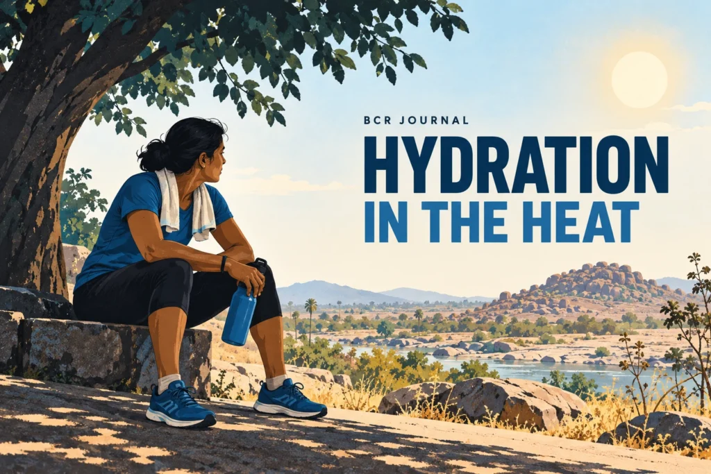 Illustrated runner resting in shade with a water bottle beside a warm rocky landscape