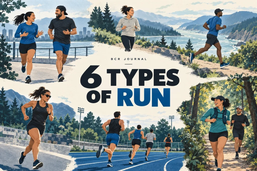 Editorial illustrated scenes of different running sessions, titled Six Types of Run