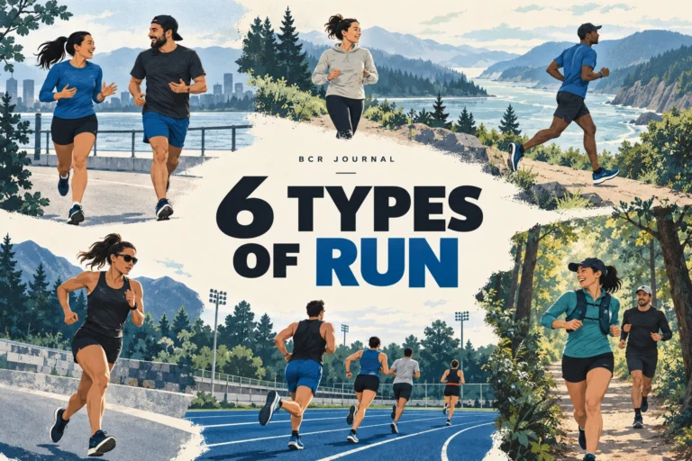 Editorial illustrated scenes of different running sessions, titled Six Types of Run