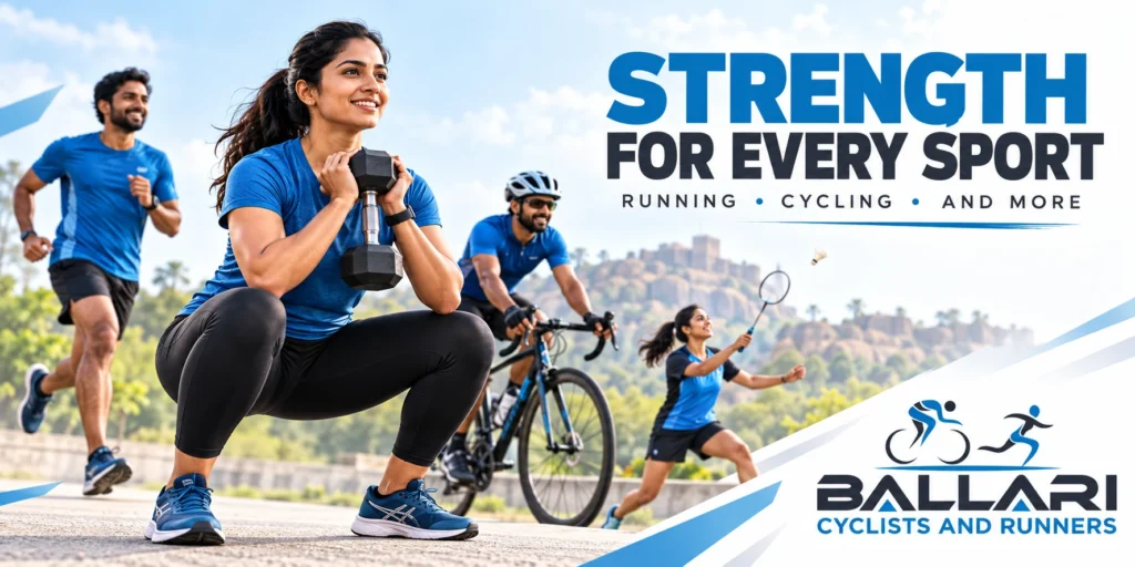 Strength for every sport: illustrated squat, runner, cyclist and badminton player with the Ballari Cyclists and Runners logo