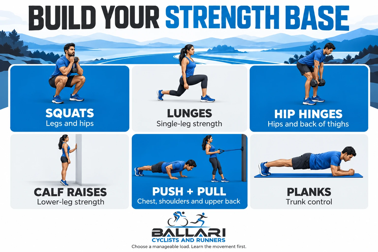 People demonstrating squats, lunges, hip hinges, calf raises, push-ups, rows and forearm planks, with the Ballari Cyclists and Runners logo